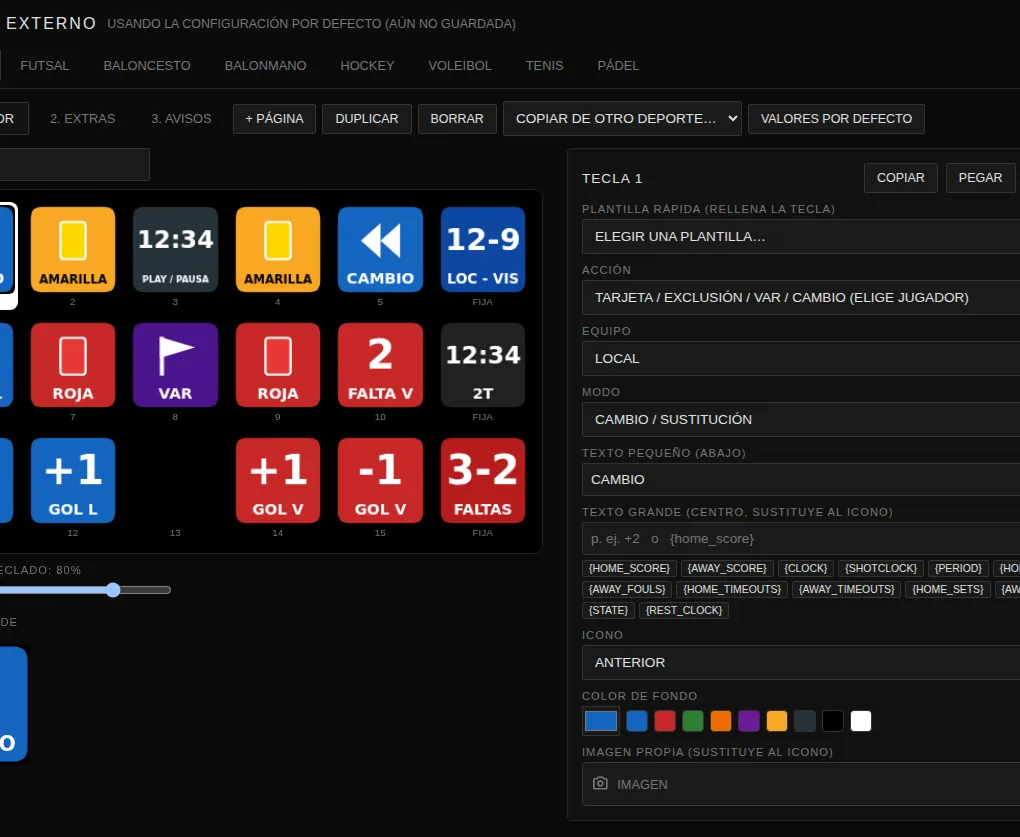 Editor del teclado externo: rejilla de 15 teclas con pantalla y panel de ajustes de la tecla seleccionada