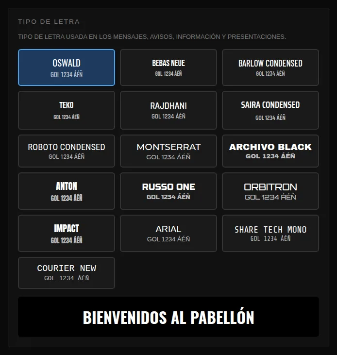 Selector de tipografía con dieciséis tipos de letra