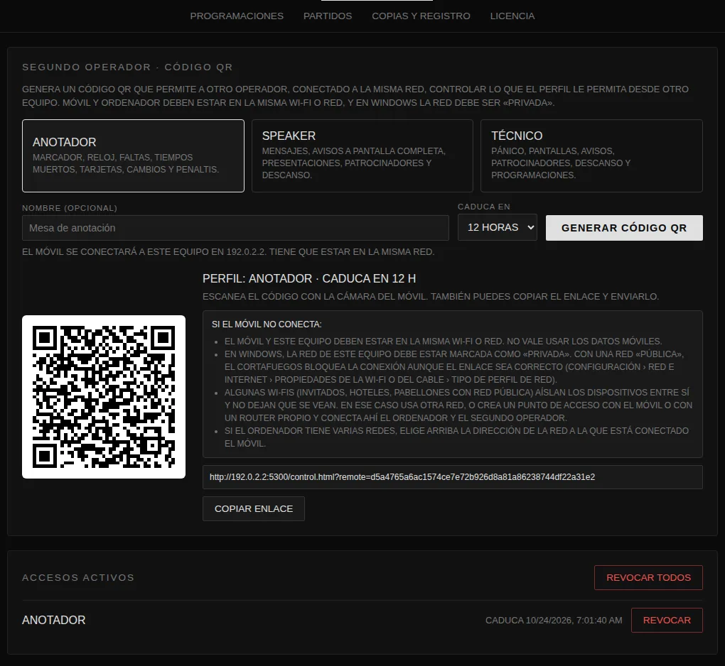 Pantalla de control remoto con el código QR y la ayuda para conectar el móvil a la misma red que el PC