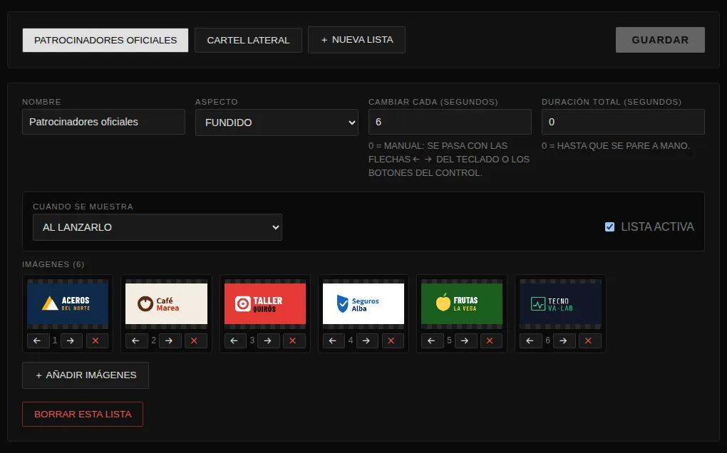 Configuración de la lista de patrocinadores: modo, intervalo y momento de aparición