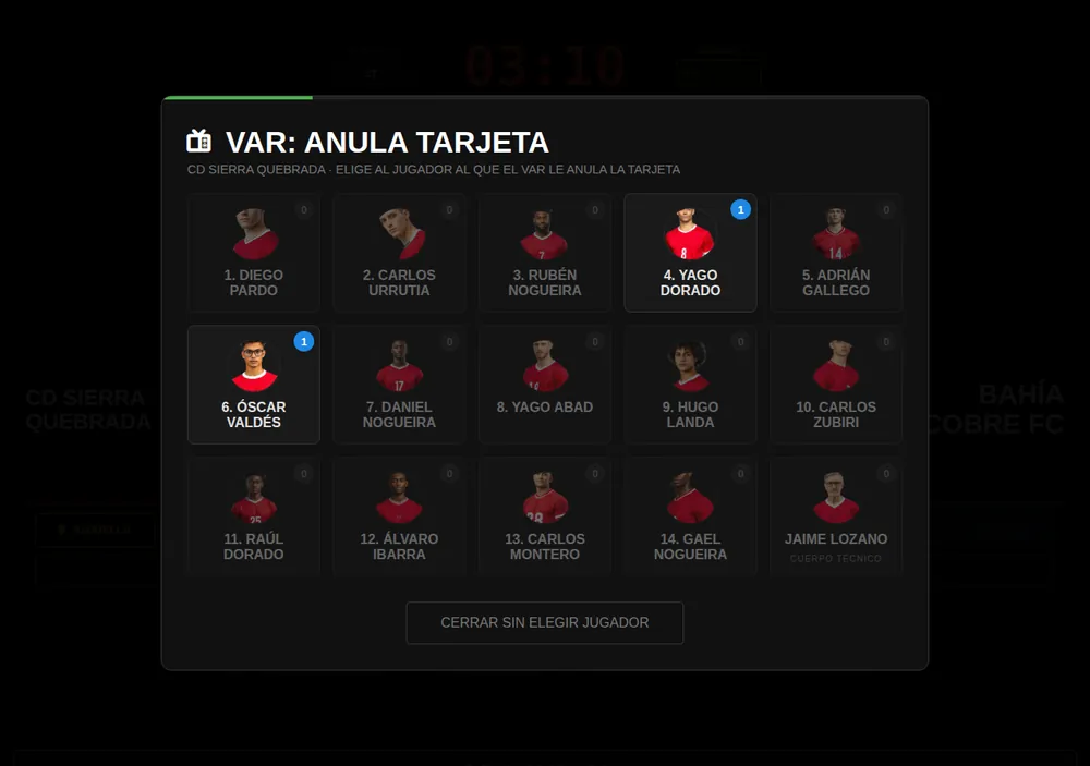 Lista de jugadores con foto para elegir al afectado por una tarjeta
