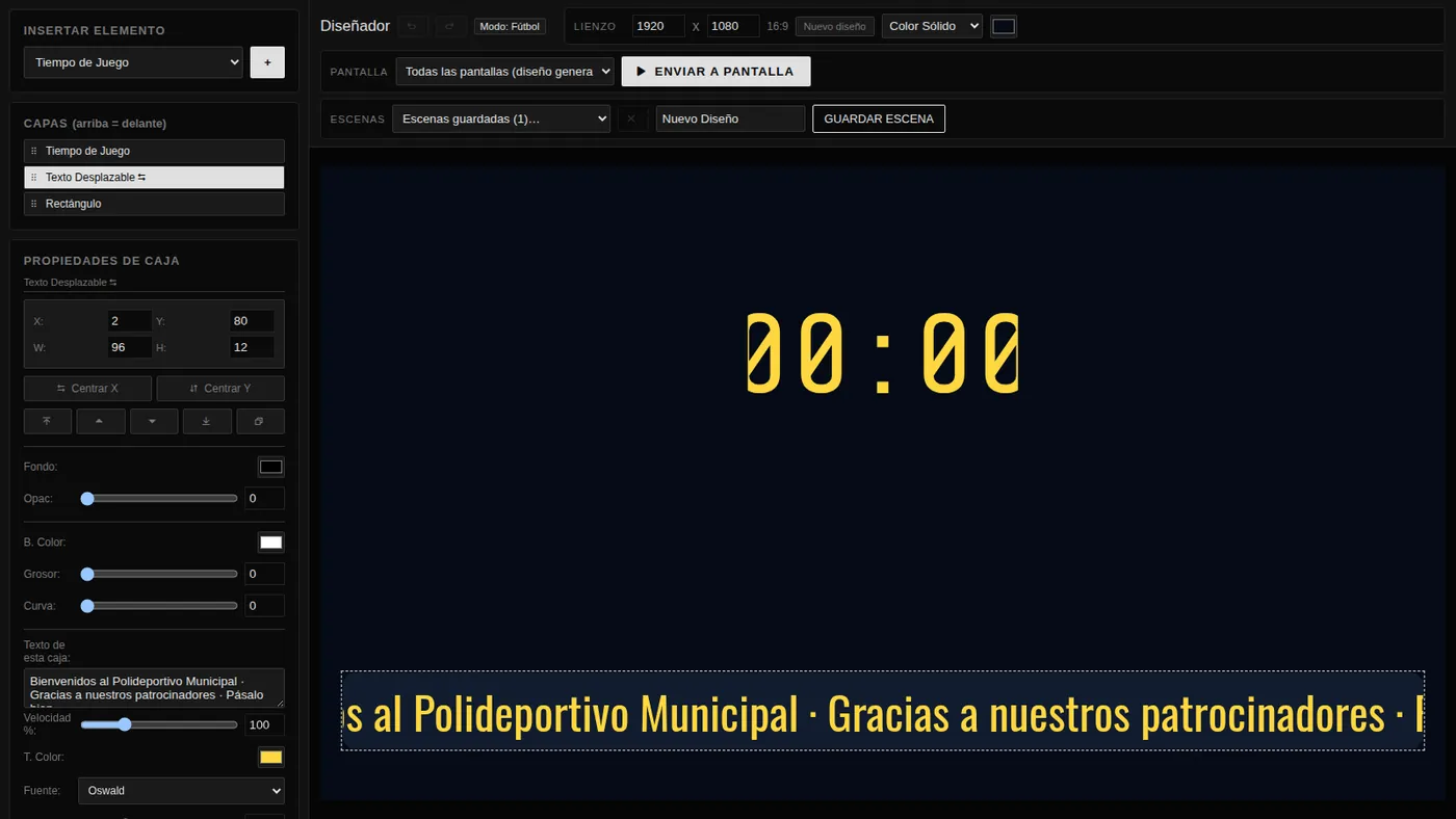 Diseñador con una caja de texto desplazable seleccionada y sus propiedades