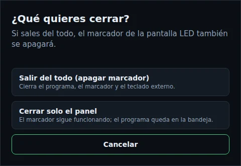 Cuadro al cerrar SBOS con tres opciones: salir del todo, cerrar solo el panel o cancelar