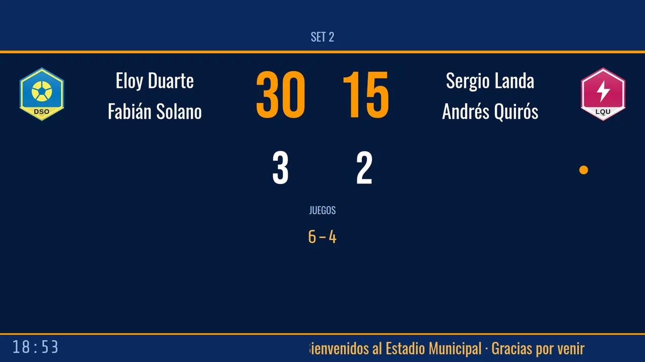 Marcador de pádel con parejas, sets y puntos